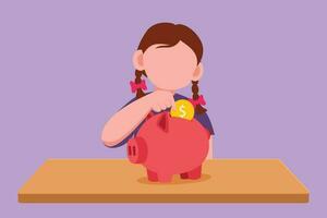 Graphic flat design drawing pretty little girl sitting near desk puts coins in a piggy bank and dreams of buy something in the future. Children learning saving money. Cartoon style vector illustration