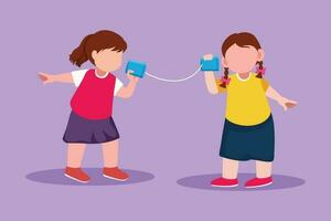 Graphic flat design drawing little girls speaking by tin can telephone. Two friends playing in phone with self made speech transmitting device, kid have fun speaking. Cartoon style vector illustration