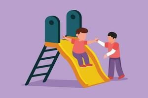 Cartoon flat style drawing cute preschool boy sliding down slide and happy friend seeing him on side of slide. Kids playing together on playground at amusement park. Graphic design vector illustration