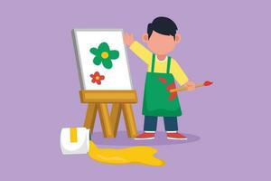 Graphic flat design drawing adorable little boy draw on canvas. Happy child painting on easel. Smiling kids with brush and paints. Creative children learn painting. Cartoon style vector illustration