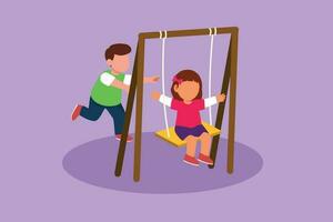 Character flat drawing little girl swinging on swing and her little boy friend helped push from behind. Happy kids playing swing together in public park playground. Cartoon design vector illustration