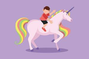 Cartoon flat style drawing happy little boy riding cute unicorn. Cheerful child sitting on back unicorn in fairy tale dream. Adorable kids learning to ride unicorn. Graphic design vector illustration