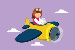 Graphic flat design drawing little girl operating plane. Kids flying in airplane. Happy smiling kid flying plane like real pilot and dreaming of piloting profession. Cartoon style vector illustration