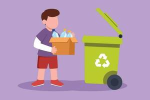 Character flat drawing adorable little boy gathering garbage and plastic waste for recycling. Kid picking up plastic bottles into garbage. Waste recycling for reuse. Cartoon design vector illustration