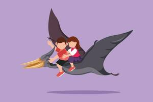 Graphic flat design drawing bravery little boy and girl riding flying dinosaur together. Pterodactyl ride with kid sitting on back of dinosaur and flying high in sky. Cartoon style vector illustration