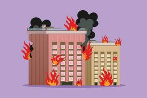 Graphic flat design drawing burning office building logo, icon, label. Office building in flames. Insurance symbol from financial security, safety, damage, accident. Cartoon style vector illustration