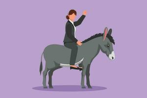 Cartoon flat style drawing young businesswoman riding donkey. Business woman rides donkey. Driving donkey. Goal achievement concept. Business metaphor, competition. Graphic design vector illustration