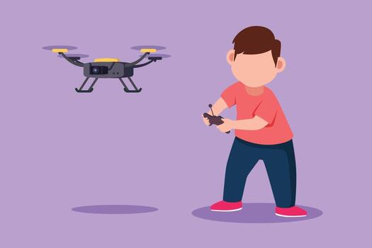 Cartoon flat style drawing of cheerful little boy with remote control drone. Adorable kid playing with quadcopter. Happy child controlling flying robot camera drone. Graphic design vector illustration