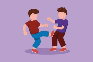 Character flat drawing angry preschool little boys fighting each other kicking legs. Aggressive bully kids fight. Bullying children. Childhood aggression violence. Cartoon design vector illustration