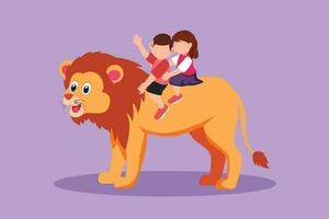 Cartoon flat style drawing adorable little boy and girl riding lion together. Children sitting on back big lion at circus event. Kids learning to ride beast animal. Graphic design vector illustration