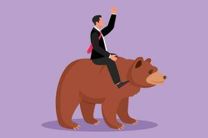 Character flat drawing of young businessman rides on bear in stock market trading. stock market analysis, business and investment, stock exchange. Business metaphor. Cartoon design vector illustration