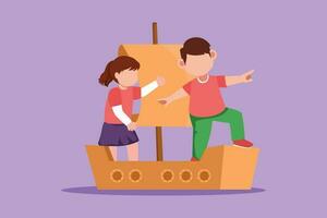 Character flat drawing of cheerful little boy and girl playing sailor with boat made of cardboard box. Creative kids character playing ship made of cardboard boxes. Cartoon design vector illustration