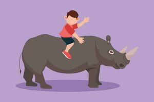 Cartoon flat style drawing of happy little boy riding rhino rhinoceros. Cheerful children sitting on back rhinoceros in zoo. Brave kids learning to ride rhinoceros. Graphic design vector illustration