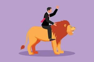 Graphic flat design drawing businessman riding lion symbol of success. Business metaphor concept, looking at goal, achievement, leadership. Professional entrepreneur. Cartoon style vector illustration