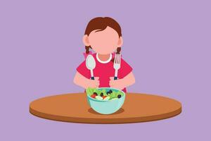 Cartoon flat style drawing happy little girl eating fresh vegetable salad and showing thumb up sign. Cute child eating fresh delicious salad. Healthy food for kids. Graphic design vector illustration