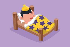 Graphic flat design drawing sick little boy with high fever. Child is sick with flu or coronavirus. Little kid lying in bed feel so bad with fever. Healthcare symbol. Cartoon style vector illustration