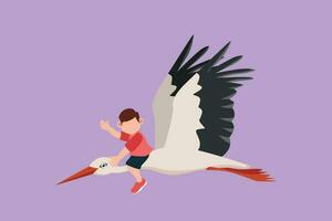 Graphic flat design drawing happy little boy flying with stork. Cheerful child fly and sitting on back stork bird at sky. Adorable kids learning to ride cute stork. Cartoon style vector illustration