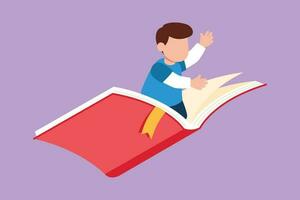 Graphic flat design drawing of happy smiling preschooler kid boy flying on big open book. Children riding magical flying book. Knowledge power and education concept. Cartoon style vector illustration