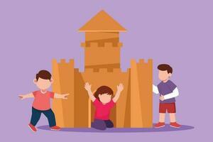 Graphic flat design drawing of kids with cardboard castle for school play. Cheerful children playing in castle made of cardboard boxes. Creative kids playing castle. Cartoon style vector illustration