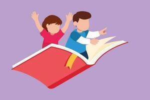 Graphic flat design drawing smart little boy and girl student or preschooler flying on magic book. Happy kids flying on book. Knowledge power and education concept. Cartoon style vector illustration