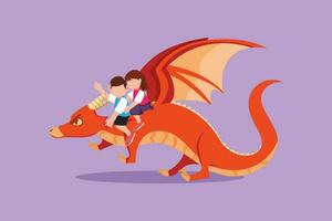 Cartoon flat style drawing happy little boy and girl flying with fantasy dragon together. Children fly and sitting on back dragon at sky. Kids imaginary fairytale. Graphic design vector illustration