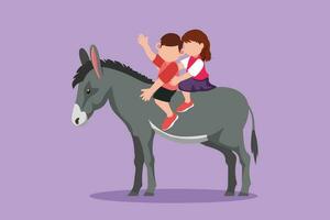 Character flat drawing of happy little boy and girl riding donkey together. Children sitting on back donkey with saddle in ranch park. Kids learning to ride donkey. Cartoon design vector illustration