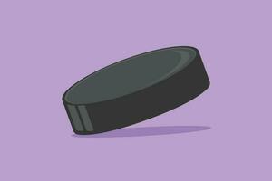 Character flat drawing closeup of ice hockey puck. Ice hockey American season competition and national tournament concept. Black ice hockey puck logo, label, symbol. Cartoon design vector illustration