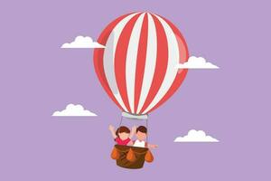 dibujos animados plano estilo dibujo pequeño chico y niña en pie en caja de caliente aire globo. pequeño piloto de caliente aire globo aventura. valentía niños jugando caliente aire globo. gráfico diseño vector ilustración