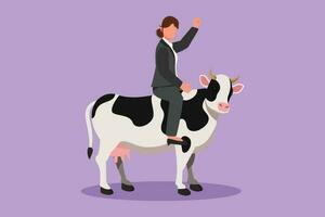 Cartoon flat style drawing of businesswoman riding cow symbol of success. Business metaphor, looking at the goal, achievement, leadership. Professional entrepreneur. Graphic design vector illustration