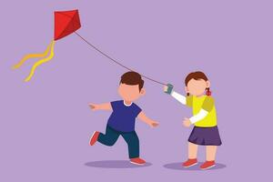 Cartoon flat style drawing little boy and girl flying kite. Siblings playing together. Kids playing kite in playground. Children with kites game and they look happy. Graphic design vector illustration