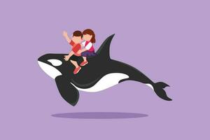 personaje plano dibujo adorable pequeño chico y niña montando orca juntos. valentía niños sentado en espalda ballena asesino en nadando piscina. ballena asesino o orca en agua. dibujos animados diseño vector ilustración