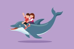 Cartoon flat style drawing cute little boy and girl riding dolphin together. Kids sitting on back dolphin in swimming pool. Children with dolphin swimming in water. Graphic design vector illustration