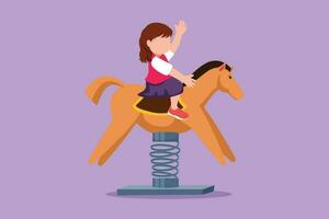 dibujos animados plano estilo dibujo pequeño niña montando caballo balancín, niño teniendo divertido en patio de juegos. niños montando juguete caballo balanceo. contento niña montando caballo balanceo balancín. gráfico diseño vector ilustración