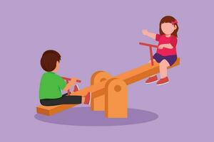 Character flat drawing boy and girl of preschool swinging on seesaw. Kids having fun at playground. Cute children playing seesaw together happily at amusement park. Cartoon design vector illustration