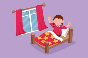 Character flat drawing pretty little girl wake up and still yawning, still lying in bed under blanket. Sleepy child on bed in late weekend morning. Morning activity. Cartoon design vector illustration