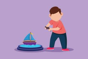 Graphic flat design drawing happy little boy playing with remote controlled sailboat toy. Cute kids playing with electronic sailboat toy with remote control in hands. Cartoon style vector illustration