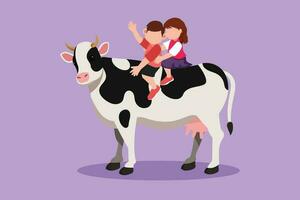 Graphic flat design drawing happy little boy and girl riding cow together. Children sitting on back cow with saddle in ranch ground. Cute kids learning to ride cow. Cartoon style vector illustration