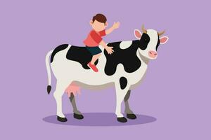 Character flat drawing of happy little boy riding cow at rural. Cheerful child sitting on back cow with saddle in ranch ground. Kids learning to ride cow at village. Cartoon design vector illustration