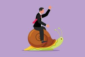 Cartoon flat style drawing of young businessman rides snail. Weak competitor. Ineffective manager, bad solution. Slow business progress, laziness. Business metaphor. Graphic design vector illustration