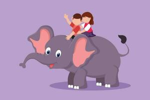 Character flat drawing happy little boy and girl riding elephant together. Children sitting on back elephant and travelling. Adorable kids learning to ride elephant. Cartoon design vector illustration