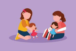 Cartoon flat style drawing two little girls playing with dolls. Happy kids playing together. Child characters with cute dolls. Childhood and preschool development. Graphic design vector illustration