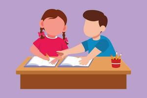 Graphic flat design drawing of children studying together while boy explains to girl pointing at their notebook. Kids makes homework from school. Intelligent student. Cartoon style vector illustration