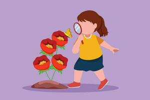 gráfico plano diseño dibujo adorable pequeño niña utilizando aumentador vaso y observando mariposa en hoja. niños observando naturaleza. niños ocupaciones a al aire libre jardín. dibujos animados estilo vector ilustración