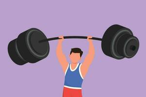 Graphic flat design drawing bodybuilder fitness model with barbell. Fitness logo badge with muscle man, gymnastic, body build. Athletic sportsman lifting up dumbbell. Cartoon style vector illustration