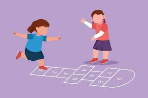 Graphic flat design drawing two little girl playing hopscotch at kindergarten yard. Kids playing hopscotch game at school outside. Hop scotch court drawn with chalk. Cartoon style vector illustration