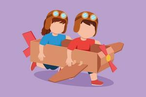 Graphic flat design drawing creative kids playing as pilot with cardboard airplane. Children riding handmade airplane. Little boy and girl playing plane game pilot. Cartoon style vector illustration