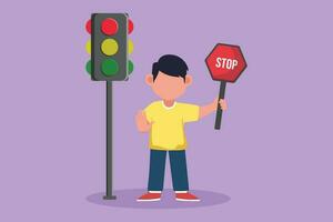 Character flat drawing adorable little boy holding stop sign in arm standing near road, pedestrian rules for kids, traffic light concept. Children holding stop sign. Cartoon design vector illustration