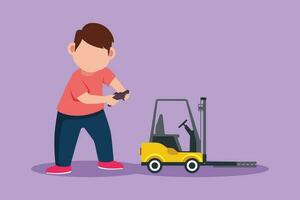 Character flat drawing of little boy playing with remote controlled forklift truck toy. Kids playing with electronic toy forklift truck with remote control in hands. Cartoon design vector illustration
