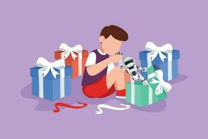 Character flat drawing of excited little boy kid opening wrapped gift box decorated with ribbon bow. Happy adorable little kids receive robot toy gift from birthday. Cartoon design vector illustration