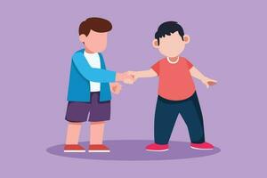 Graphic flat design drawing of adorable little boys standing and shaking hands making friendship. Children introduce themselves. Cute boys touching each other's hand. Cartoon style vector illustration